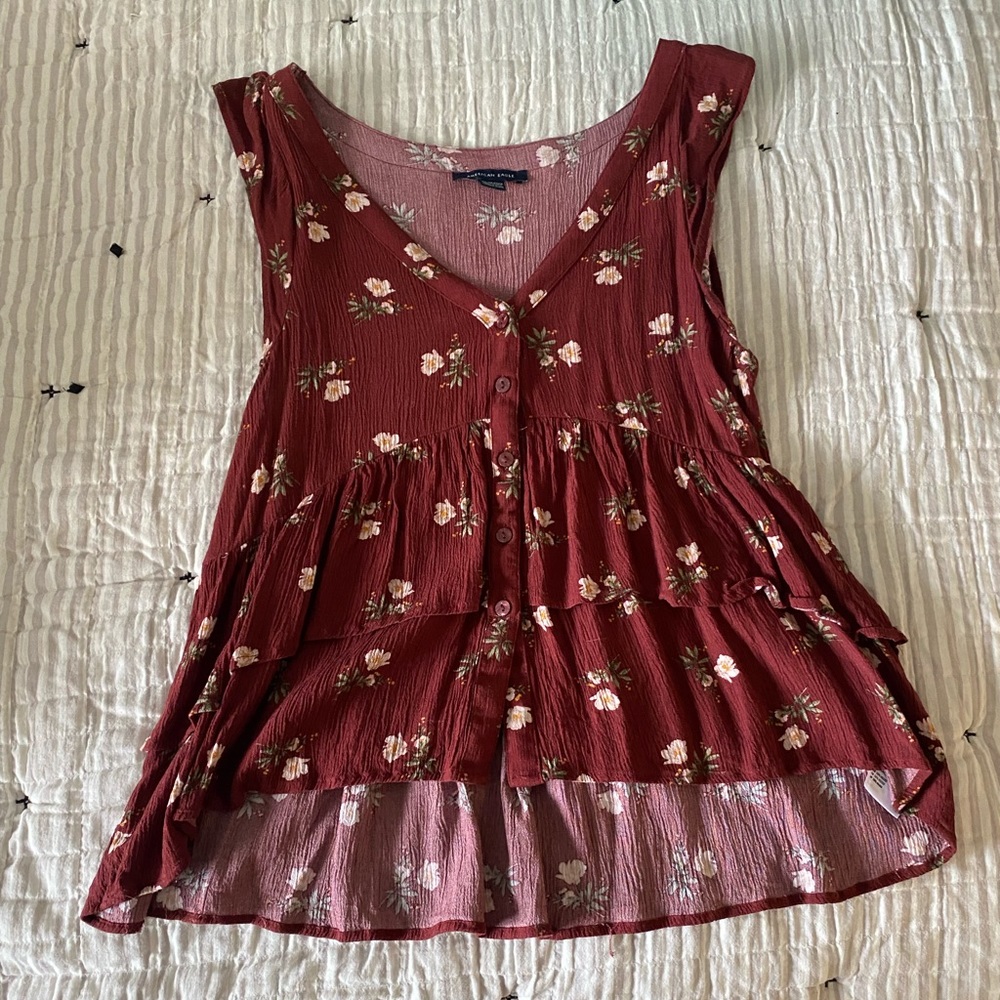 AEO Maroon Red Floral Blouse